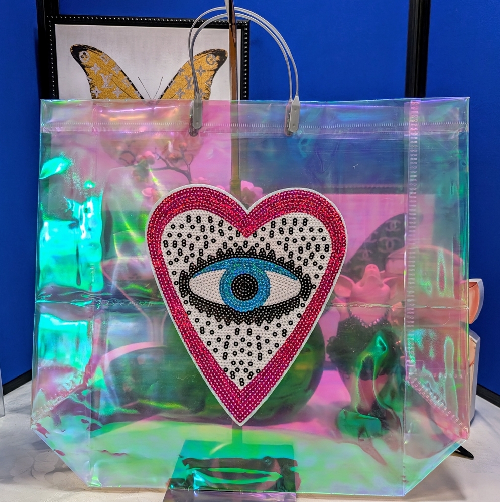 Holographic Tote with Heart and Evil Eye Design